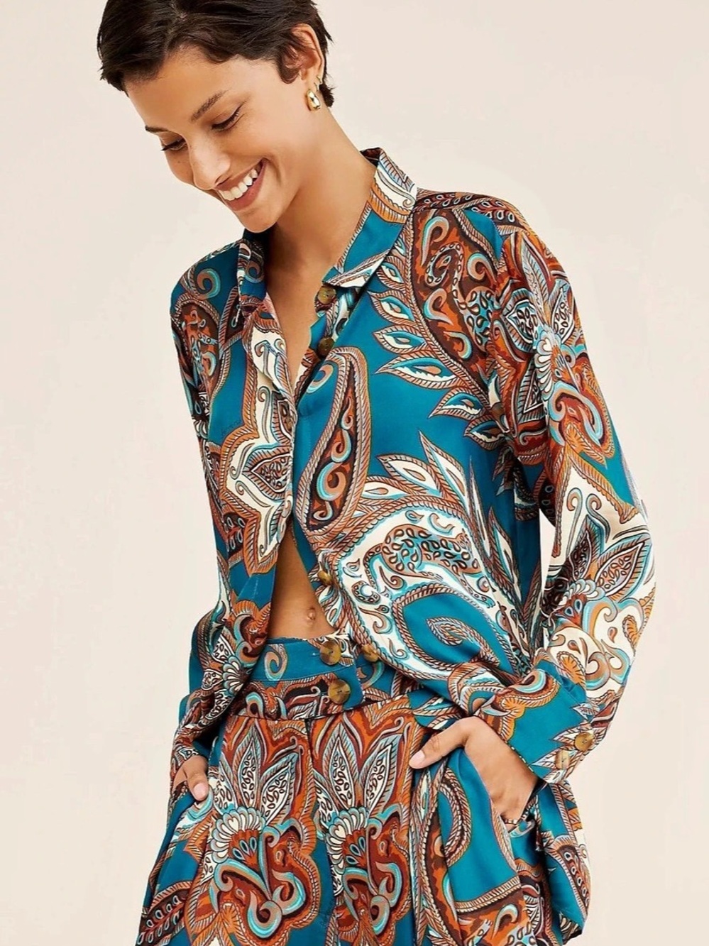 Farm Rio Maeve Paisley Shirt Paisley Button Down Shirt in Blue & Orange